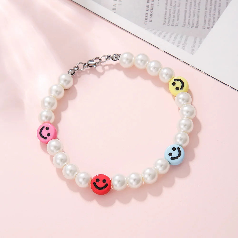 Retro Smiling Face Bead Bracelets Imitation Pearl Clay Handmade Beaded Bracelets Desinger Jewelry Unisex Accessories Lovers Gift