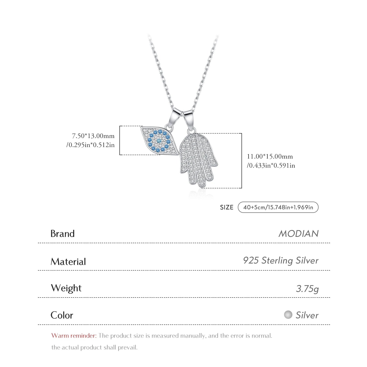 MODIAN 925 Sterling Silver Sparkling Blue CZ Eyes Palm Pendant Necklace For Women Party Exquisite Fine Jewelry Accessories