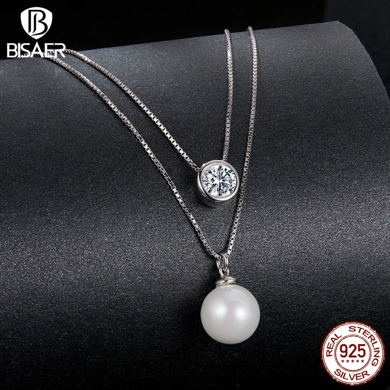 BISAER Moissanite & Pearl Double Layer Necklace VVS1 EX Delicate Lab 925 Sterling Silver Chain For Women Wedding Fine Jewelry