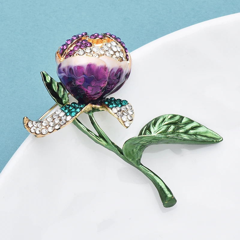 Wuli&baby Enamel Purple Tulip Flower Green Leaf Clear Crystal Stamen Women Brooch Pins Jewelry Accessory
