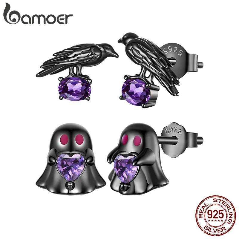 BAMOER 925 Sterling Silver Black Enamel Ghost Stud Earrings for Halloween Gift, Punk Style Purple Zircons Crow Piercing Earrings