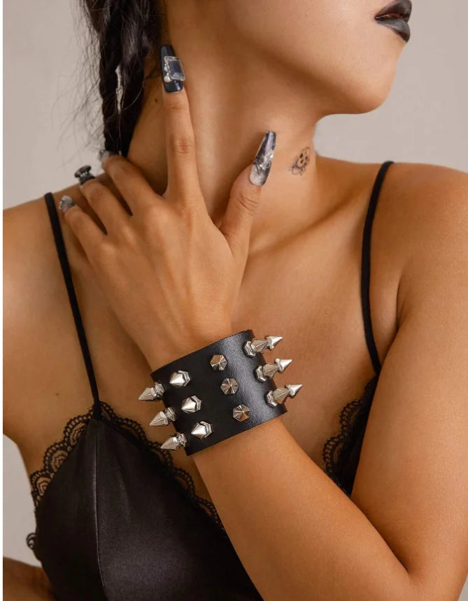 Vintage Leather Bracelets Punk Row Cuspidal Spikes Rivet Stud Wide Cuff PU Leather Punk Gothic Rock Unisex goth accessories