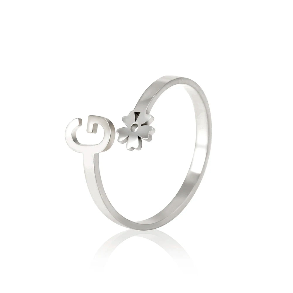 Stainless Steel Flower 26 Alphabet Open Ring for Women A-Z Initial Name Ring 2022 New Fashion Jewelry for Birthday Gift
