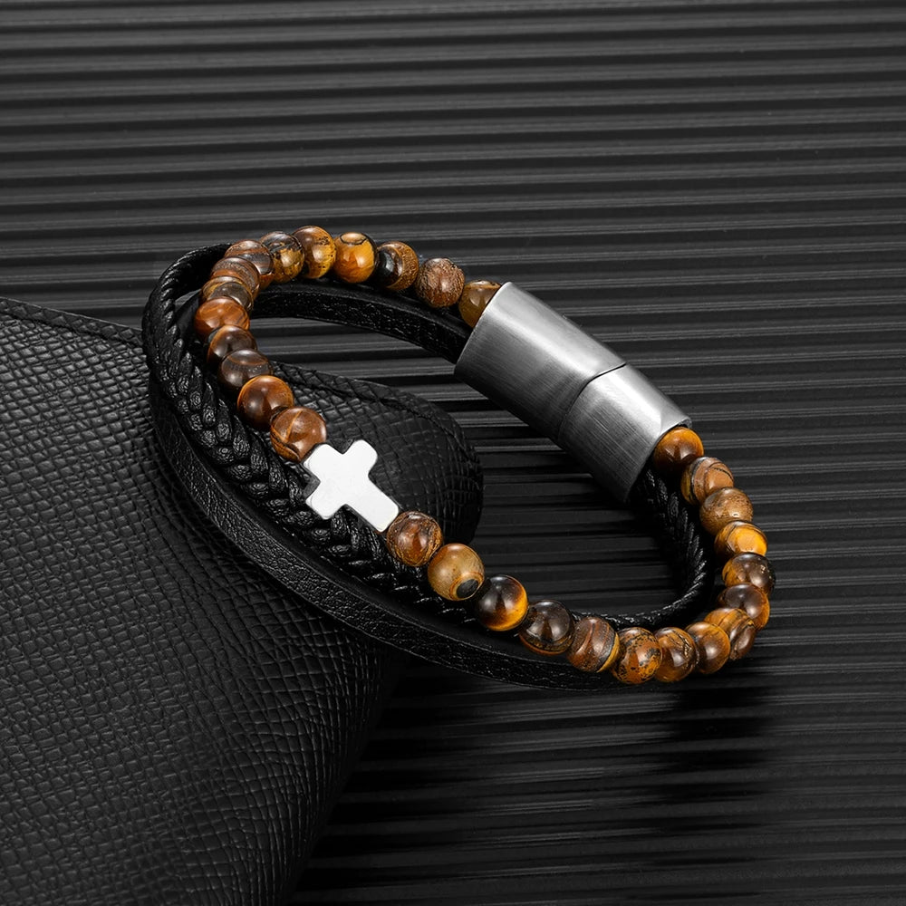MKENDN Punk Men Cross Bracelet Multilayer Braid Leather Natural Stone Beaded Bracelet Stainless Steel Magnetic Clasp Bangle Gift