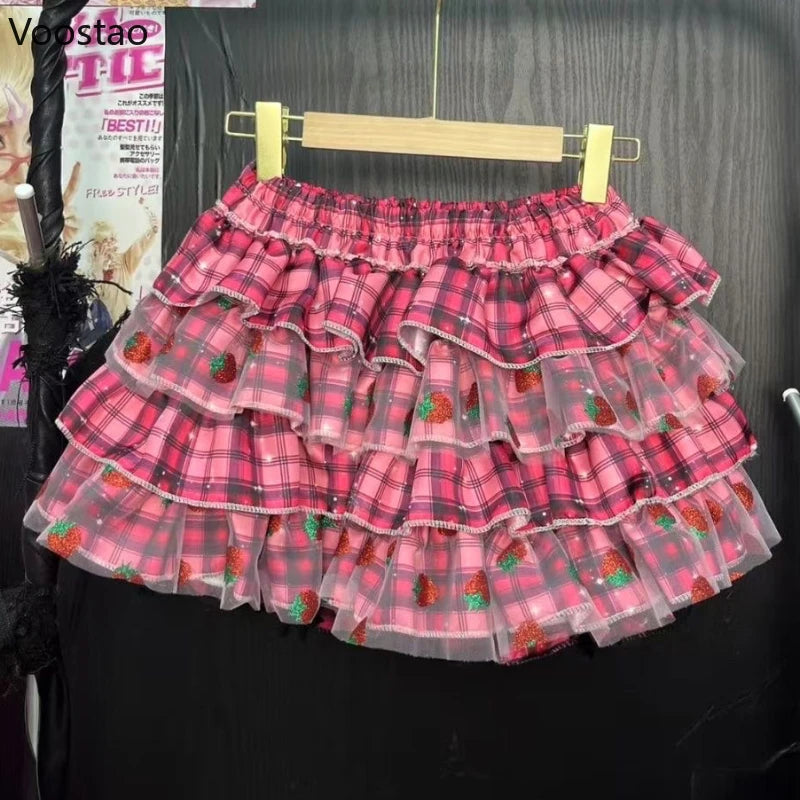Japanese Kawaii Lolita Style Y2k Mini Skirt Women Sweet Strawberry Print Ruffle Punk Cake Skirt Girl Cute Bow Skirt Faldas Mujer