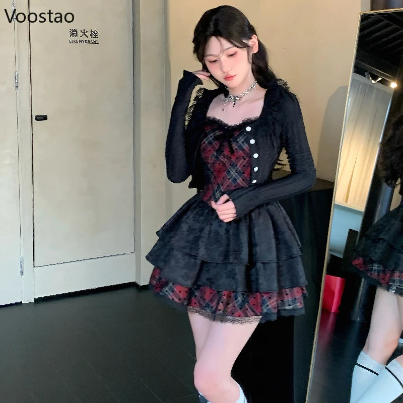 Y2k Aesthetic Elegant 2 Piece Set Women Lolita Style Knitted Cardigan Red Black Plaid Cake Dresses Suit Fashion Gothic Outfits