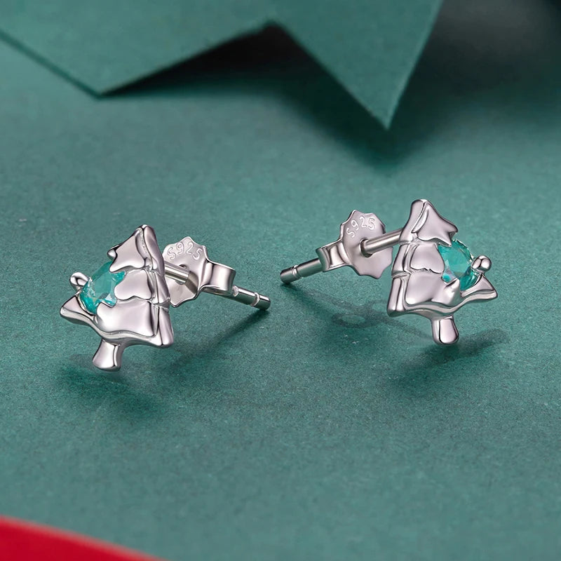 WOSTU Christmas Tree Earrings with Green Heart Zircon, 925 Sterling Silver Stud Earring For Women Creative Xmas Jewelry Gift New