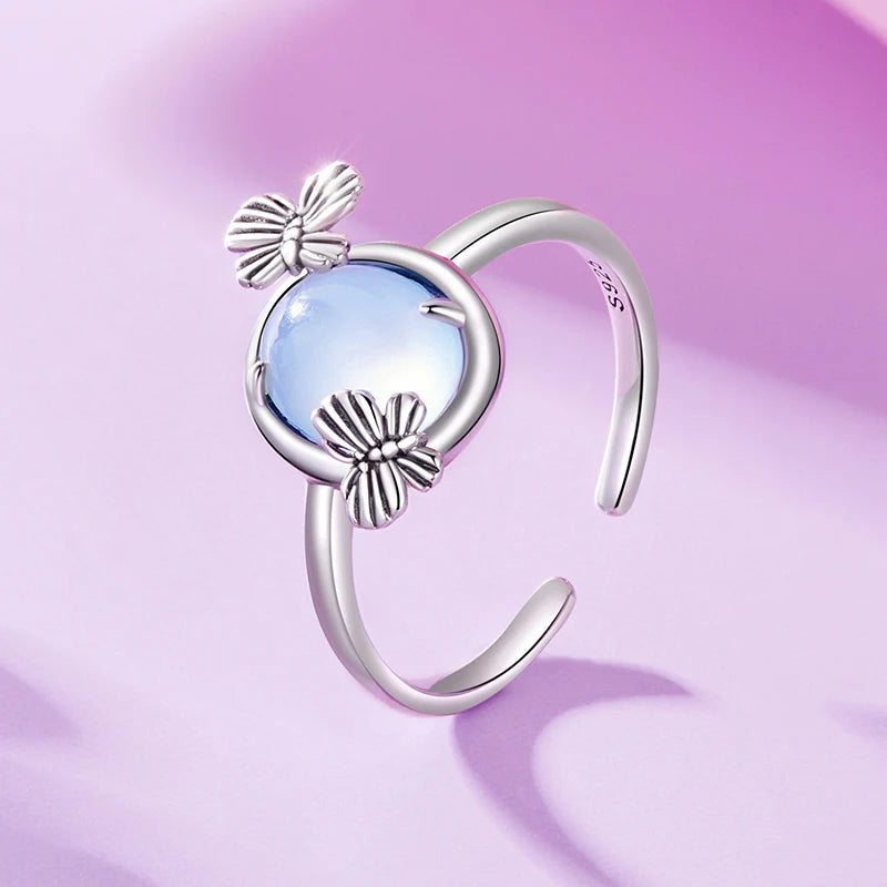 WOSTU  925 Sterling Silver Luminous Dragonfly Bee Ring Women Rainbow Glow in DarK Kunzite Open Rings Party Jewelry Birthday Gift