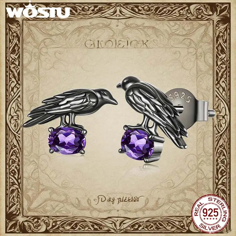 WOSTU 925 Sterling Silver Black Gothic Raven Bird Earrings For Women , Halloween Jewelry Purple Gemstone Earrings Fine Gift