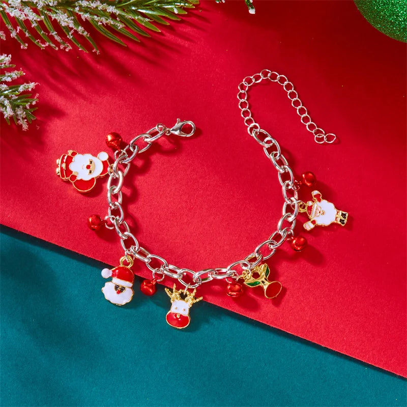 Fröhliche Weihnachten! Metallarmband mit Kette für Damen und Herren, Weihnachtsmann, Weihnachtsbaum, Schneeflocke, Elch, Schneemann – Armreifen für Mädchen, Partyschmuck, Geschenkidee