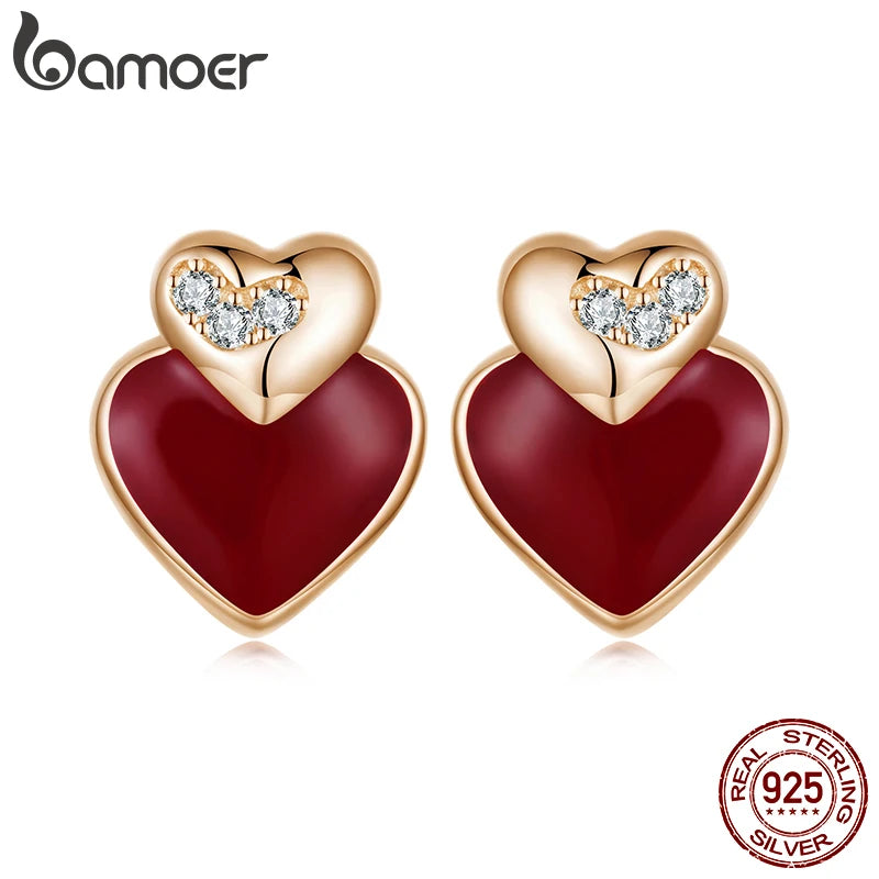 BAMOER 925 Sterling Silver Angela Red Double Heart Stud Earrings Bowknot Cross Earrings for Women Teens Cute Huggies Jewelry