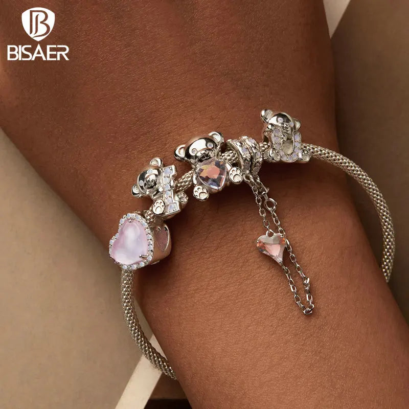 BISAER Pendentif ours rêveur coloré en argent sterling 925 Déclarez votre amour Ours Breloques Perles pour femmes Bracelets DIY Bijoux fins