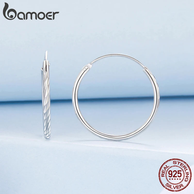 BAMOER 925 Sterling Silver Engraved Hoop Earrings for Women, Lightwieght Big Hoop Earrings Hypoallergenic Trendy Hoop Earrings