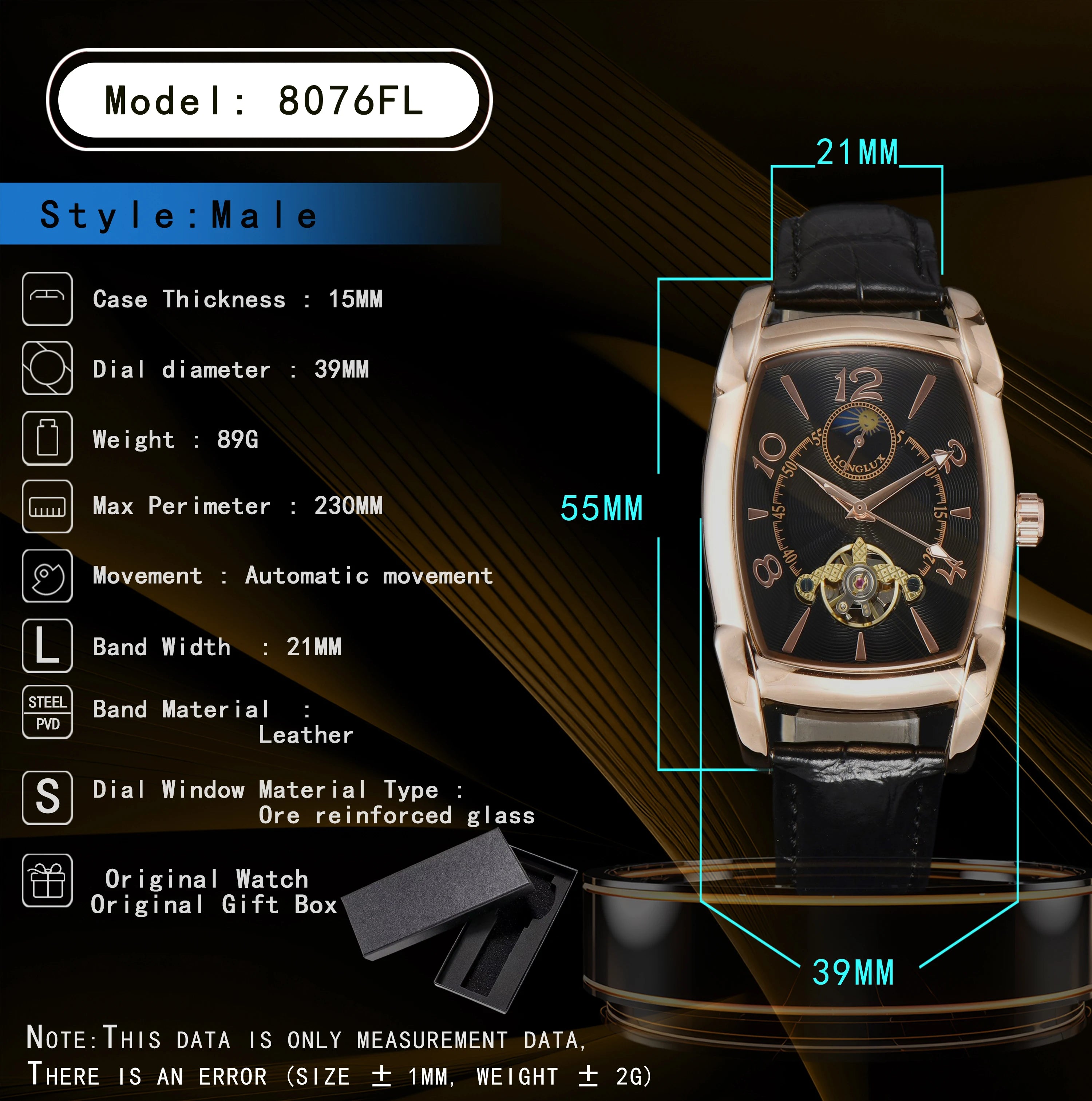 Men automatic mechanical watch moon tourbillon luxury watches leather waterproof skeleton wholesale gift watch