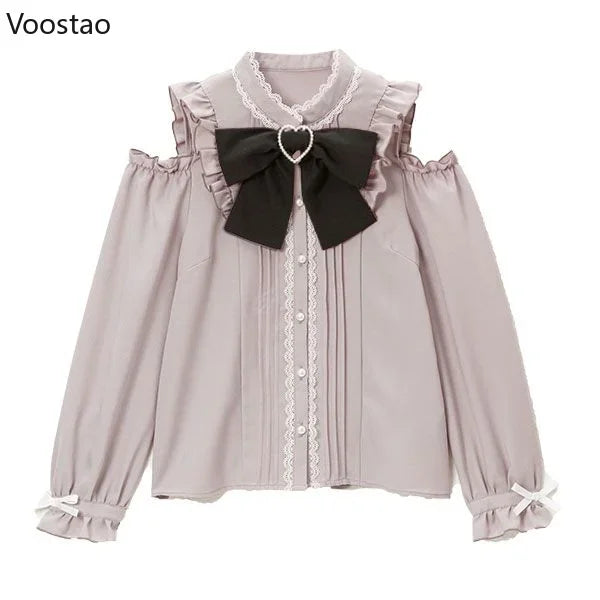 S-4XL Kawaii Women Lolita Shirts Bow Hearts Buckle Blouse Y2k Japanese Hollow Out Long Sleeve Sweet Tops Office Ladies JK Shirt