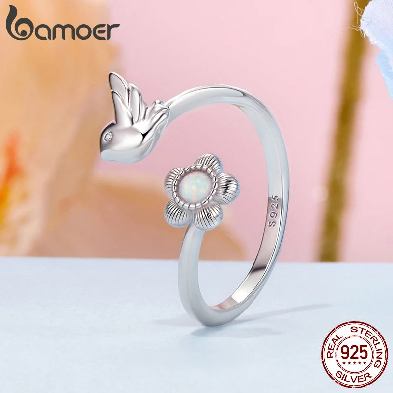 BAMOER 925 Sterling Silver Flower Bird Open Ring for Women, Cute Animal Jewelry Gift Fashion Birthday Graduation Gift BSR658-E