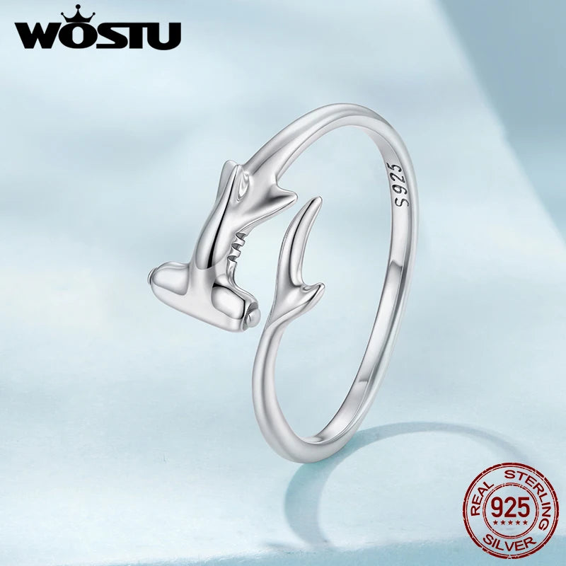 WOSTU 925 Sterling Silver Hammerhead Shark Open Ring For Women , Original Ocean Animal Stacking Rings Holiday Fine Jewelry Gift