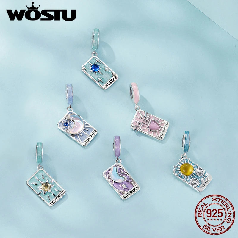 WOSTU 925 Sterling Silver Colorful Tarot Cards Charm Pendent Magic Star Moon Sun Lover Bead Fit DIY Bracelet Necklace Women Gift