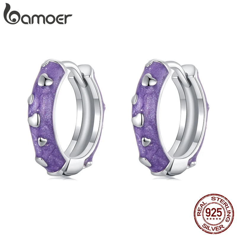 BAMOER 925 Sterling Silver Cute Purple Heart Hoops Earrings, Lightweight White Gold Plated Hoop Earrings for Women SCE1822