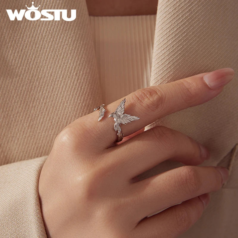 WOSTU 925 Sterling Silver Unique Vintage Style Phoenix Open Ring For Women, Elegant Open Wing Dragon Bird Animal Rings Xmas Gift