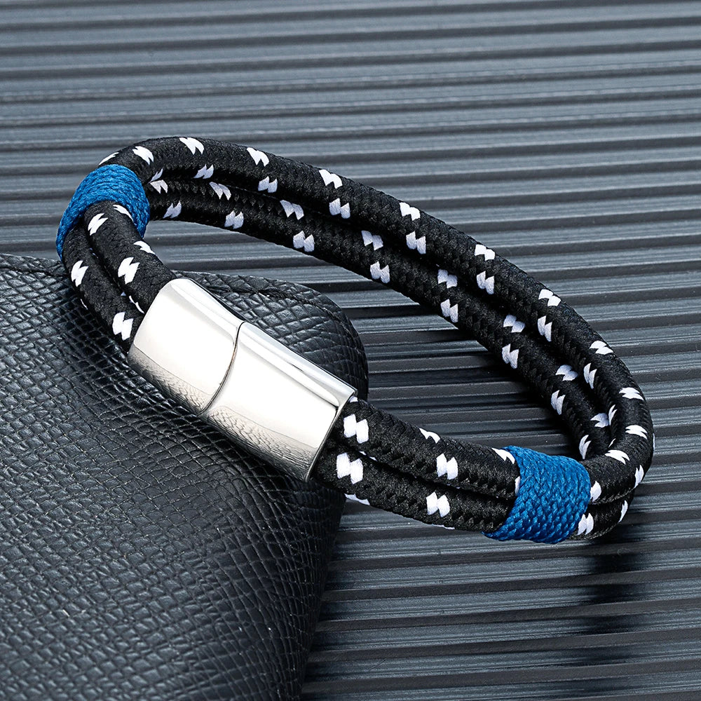 MKENDN Simple Style Men Women Braided Natical Nylon Rope Bracelet Polished Stainless Steel Magnetic Buckle Bracelet Gifts Homme