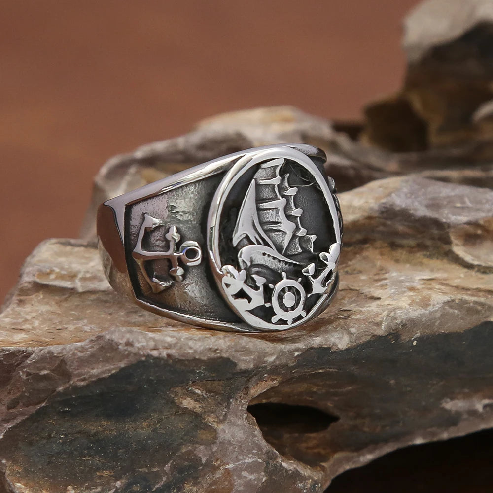 Fashion Vintage Nordic Sailboat Pirate Ring Male 316L Stainless Steel Viking Compass Rings Biker Amulet Jewelry Gift Wholesale