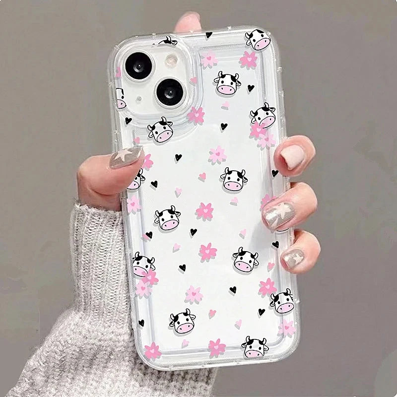 Cute Cartoon Flowers Cow Print Clear Phone Case For iPhone 11 12 13 14 15 16 Pro Max Mini XR XS X 7 8 Plus SE2020 Silicone Cover