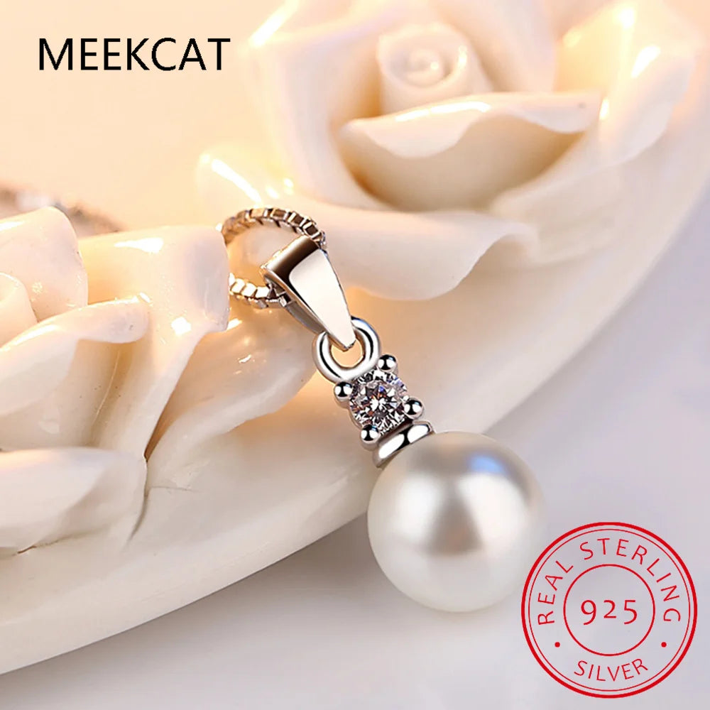 Real 925 Sterling Silver Zircon CZ Pearl Round Choker Necklace For Women OL Fine Jewelry Minimalist Accessories