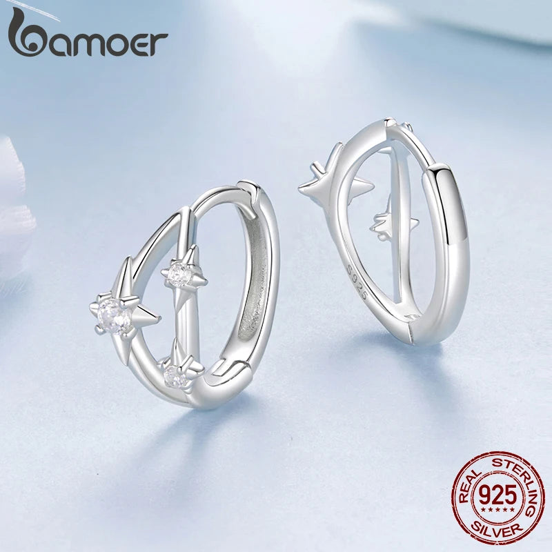 BAMOER Solid 925 Sterling Silver Stars Hoop Earrings for Women Teens Double Layer CZ Huggie Earrings Hypoallergenic Jewelry
