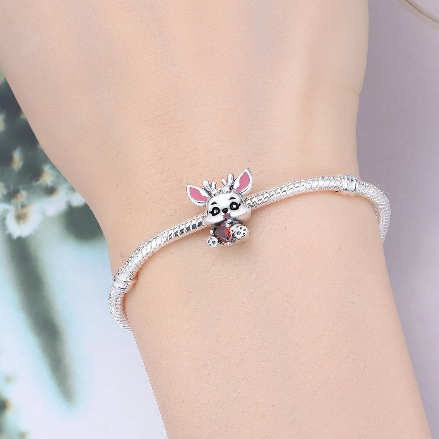 PANPOKI 925 Sterling Silver Red Zircon Heart Elk Animal Beads Original Pendants Bracelet Charm Jewelry Party DIY Trendy Gifts