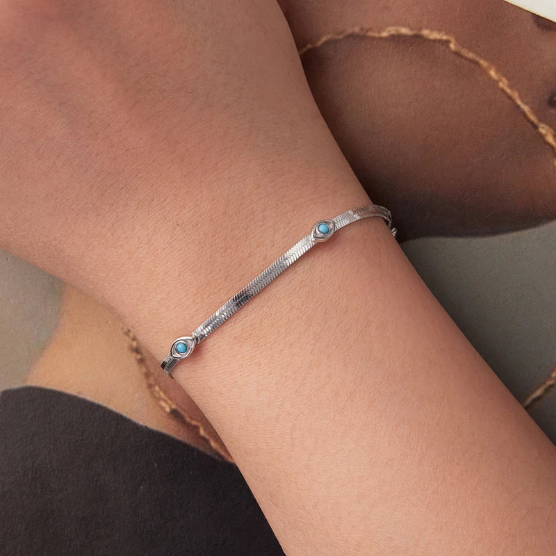Bamoer 925 Sterling Silver Devil's Eye Bracelets Wide Flat Snake Chain Turquoise Charm Bangle Adjustable for Women Retro Gift
