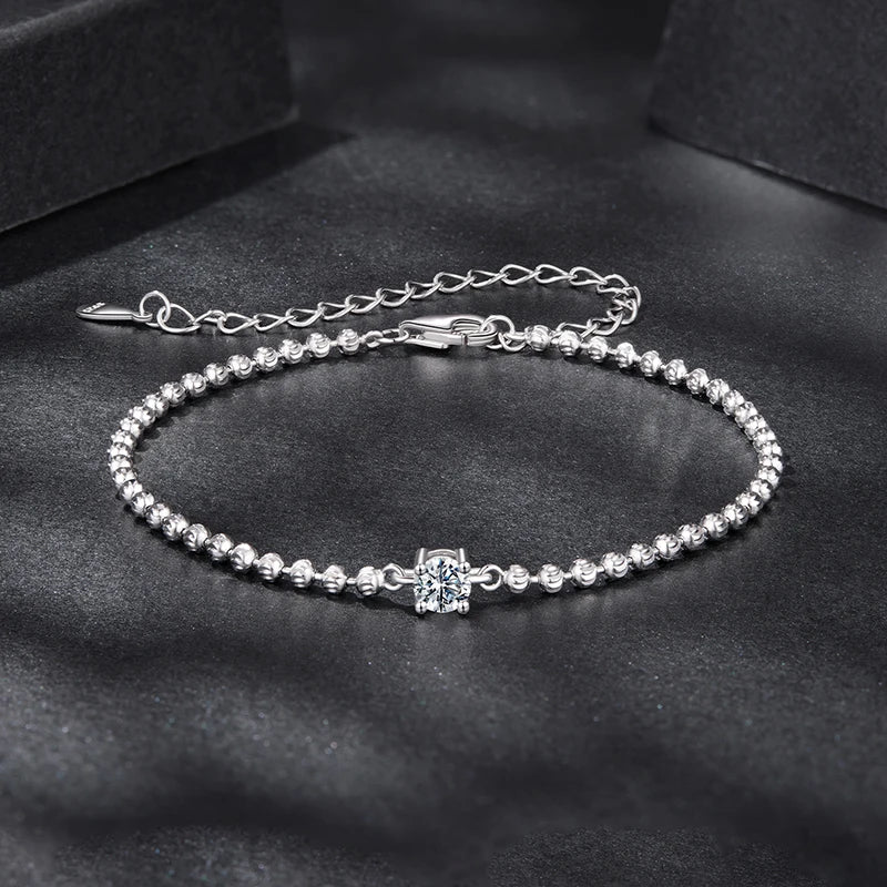 WOSTU 0.3CT Sparkling Moissanite Bead Chain Bracelet For Women , 925 Silver Lab Diamond moissanite Links with GRA Certificate
