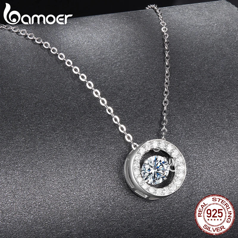 BAMOER 0.5CT Dancing Moissanite Necklace 925 Sterling Silver Halo Round Pendant Link Necklace for Women Wedding Jewellry Gift