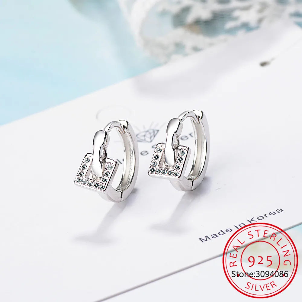 Real 925 Sterling Silver Zircon Round Square Hoop Earrings For Fashion Women Hiphop Fine Jewelry Minimalist Accessories