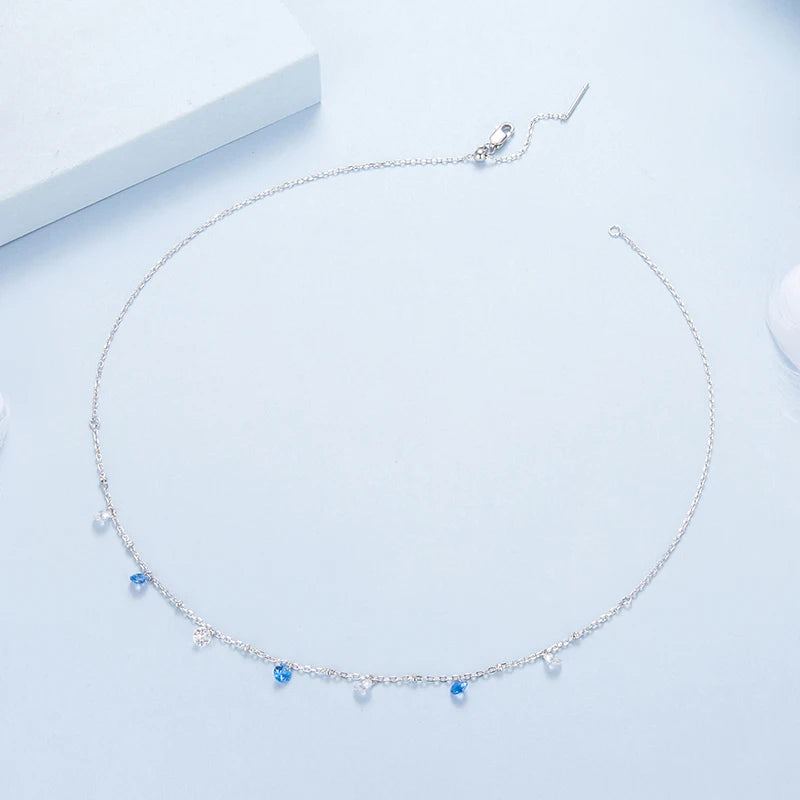 WOSTU 925 Silver Sapphire Blue Round Zircon Pendant Necklace For Women Wedding Jewelry Stackable Choker Links Party Gift