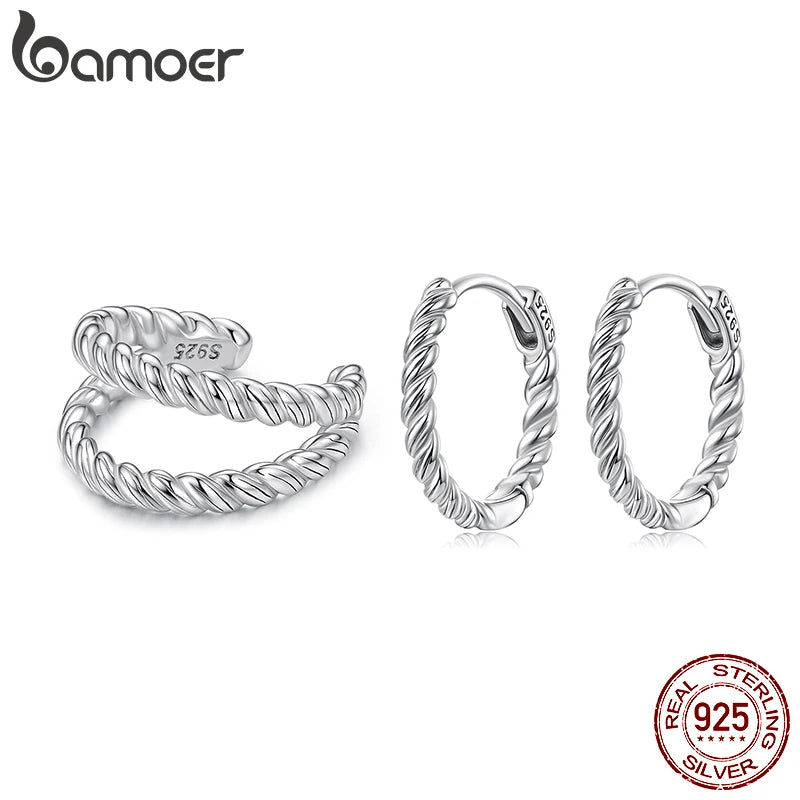 BAMOER 925 Sterling Silver Twisted Hoop Huggies Earrings for Women Oxidized Vintage Circle Ear Cuff for Women Retro Jewelry Gift