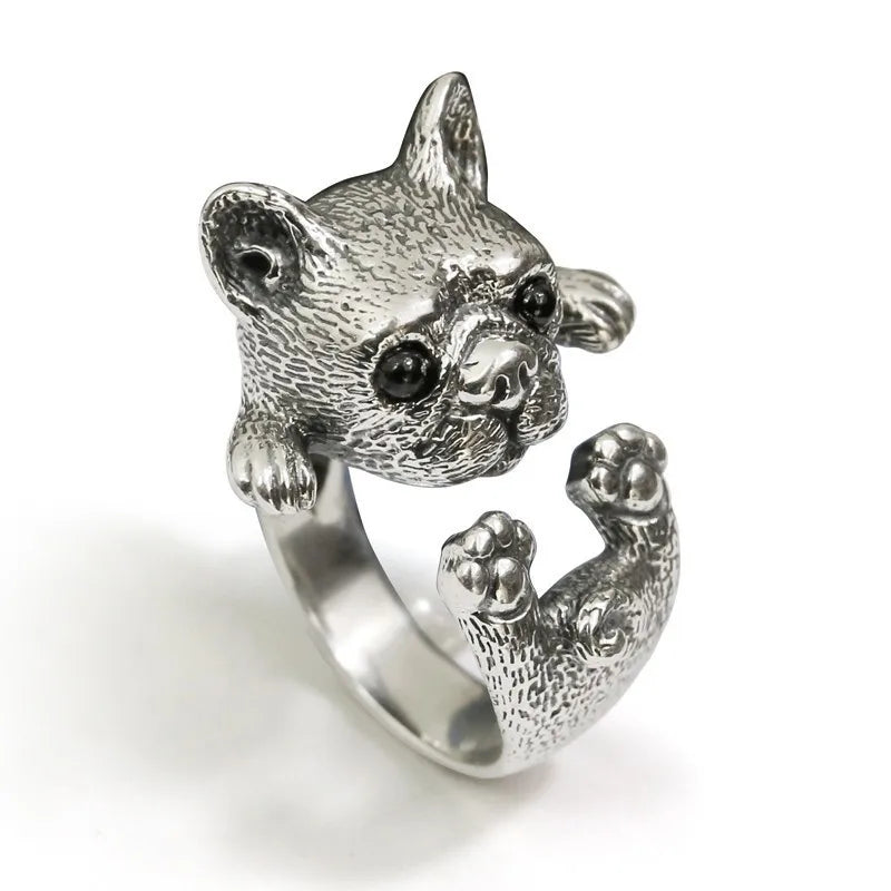 Retro Bulldog Puppy Ring For Men Women Cute Silver Color Adjustable Ring Pet Handmade Jewelry Accessories Unisex Gift For Lovers - Madeinsea©