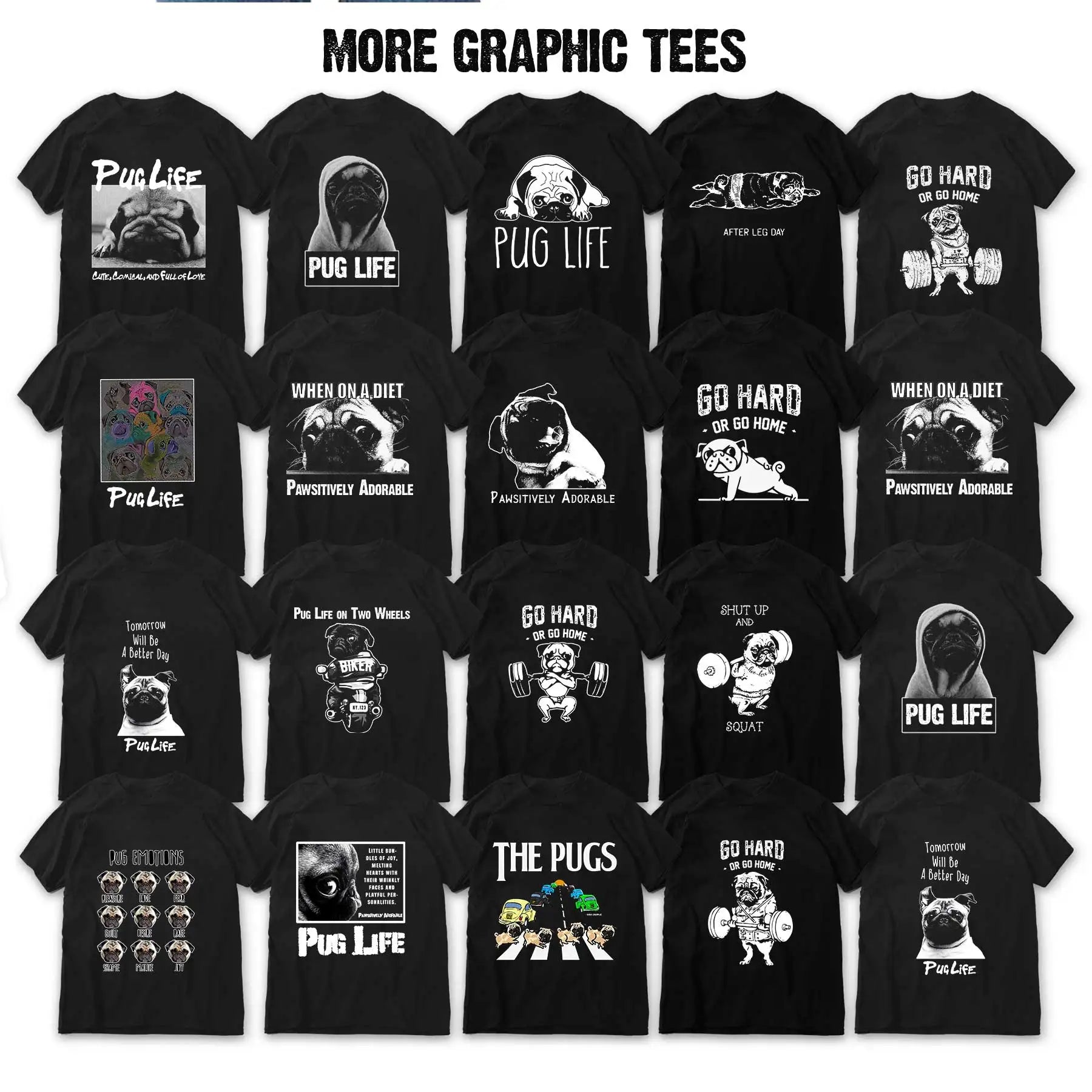 Lustiges T-Shirt aus Baumwolle mit großem Mops-Hunde-Print, großer lustiger Hund, Harajuku, schwarzes Grafik-T-Shirt, schwarzes T-Shirt mit neuartigem Design