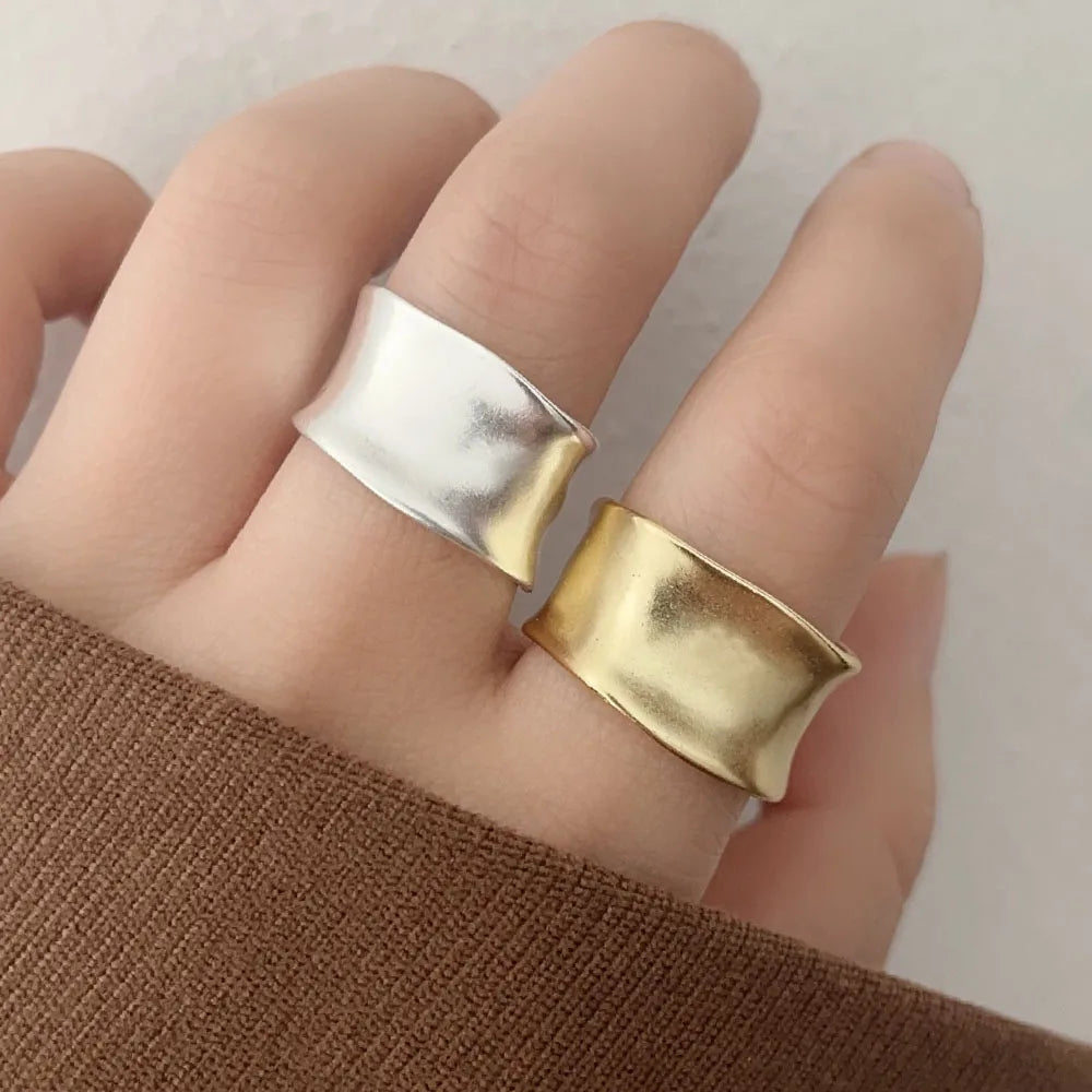 BF CLUB 925 Sterling Silver Rings For Women Simple Finger Open Vintage Gold Wide Flat Ring Allergy For Party Birthday Gift