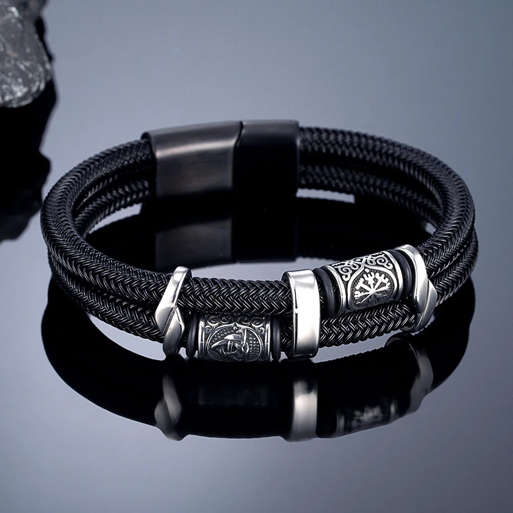 MKENDN Viking Style Men Jewelry Non-fading Steel Wire Rope Bracelet Norse Compass Runes Amulet Luxury Male Wristband Gifts