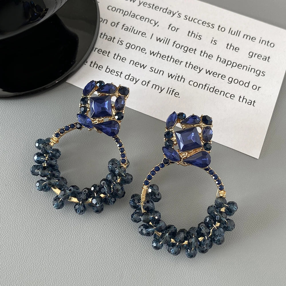 AENSOA Korean Navy Blue Round Tassel Hanging Earrings for Women Fashion Geometric Circle Pearl Drop Earrings Statement Jewelry