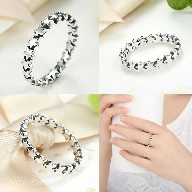 BISAER 925 Sterling Silver LOVE Heart Wedding Ring Jewelry STAR Footprints Silver 925 Finger Rings For Women Engagement Anel