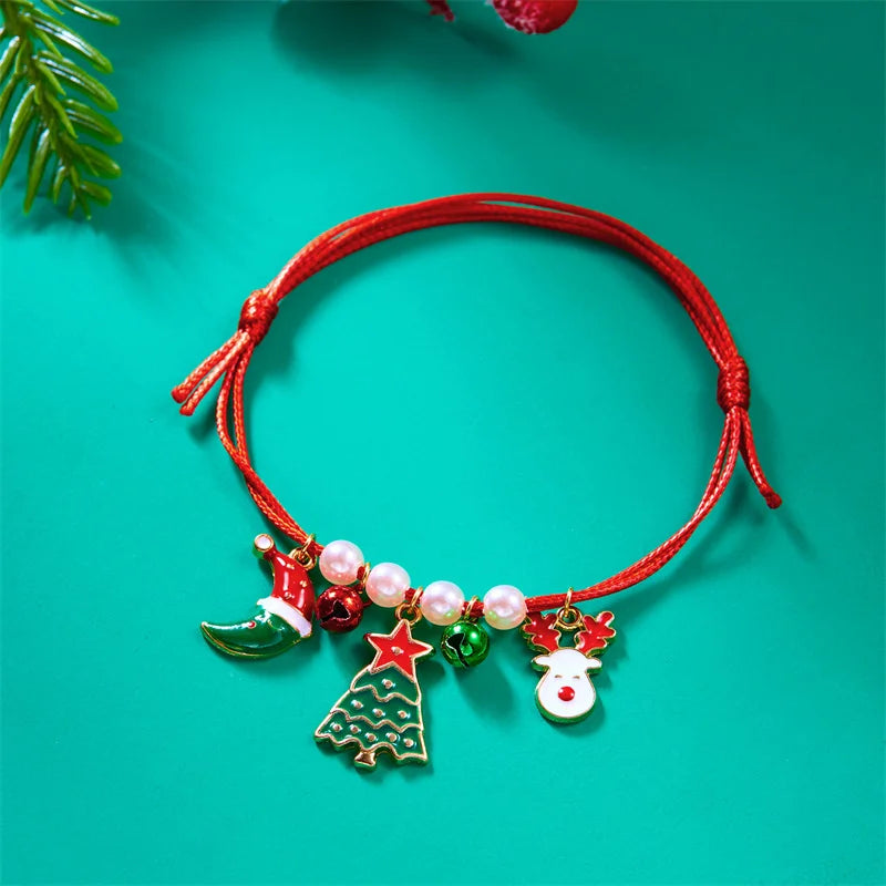 Christmas Handwoven Braided Bracelet For Women Santa Claus Xmas Tree Snowman Crutch Wreath Bell Beaded Adjustable Bracelets