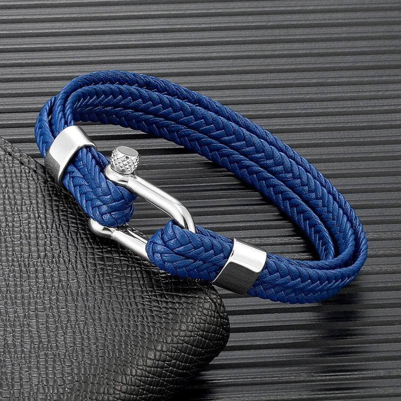 MKENDN Navy Style Leather Bracelet For Men Women Braided Multilayer Rope Chain Stainless Steel U-Shape Shackle Jewelry Pulseras