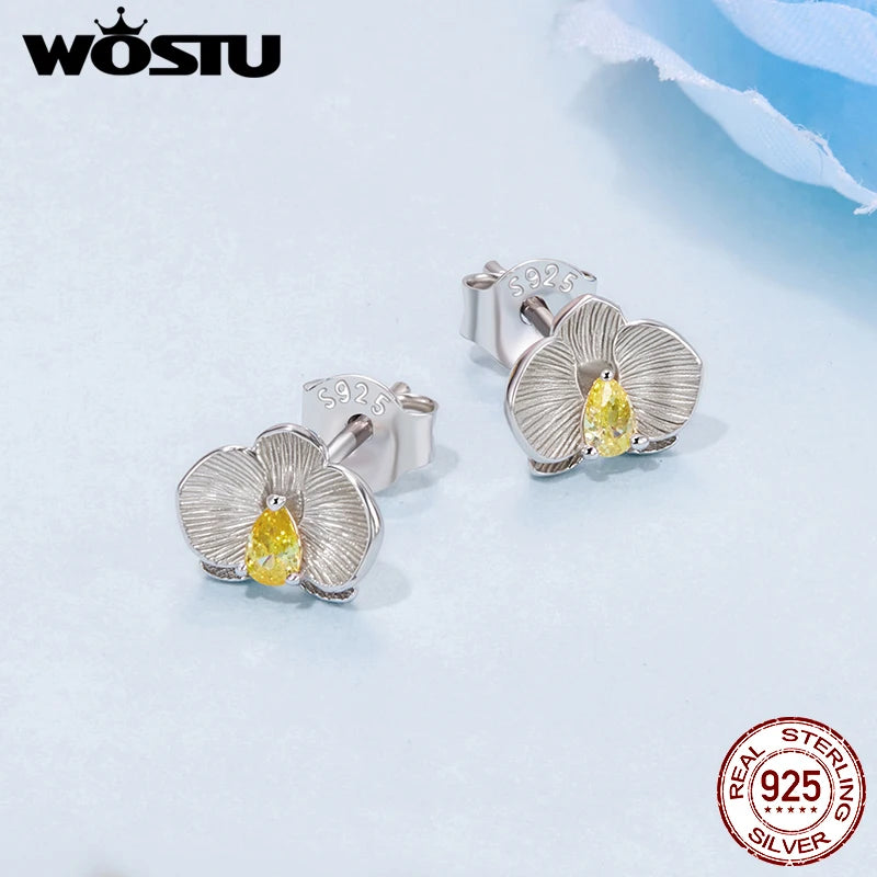 WOSTU 925 Silver Yellow Zircon  Flower Open Ring Citrine Stud Earrings For Women Wedding Jewelry Set Girl Mom's Birthday Gift