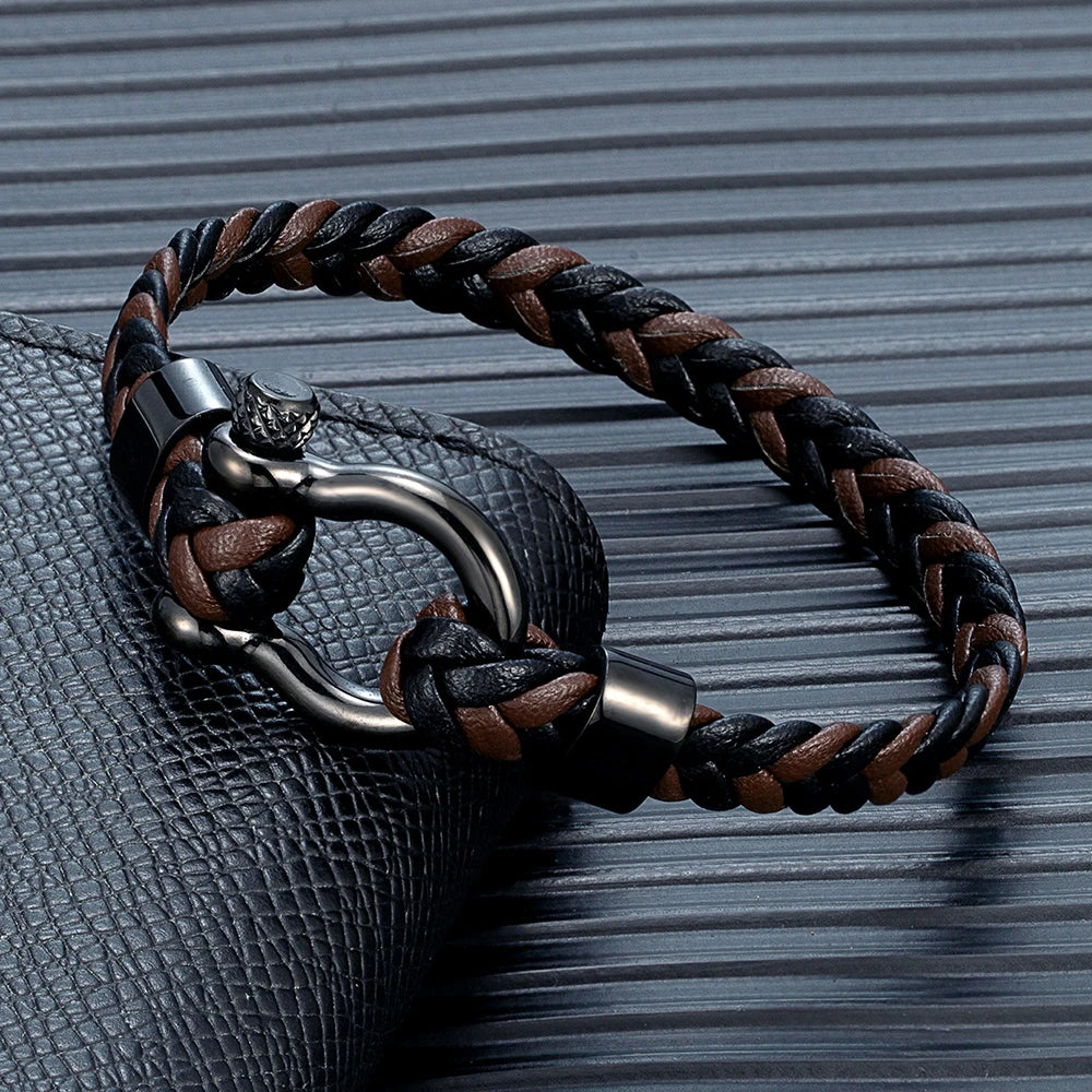MKENDN Personalised Men's Nautical Shackle & Woven Black Leather Bracelet Gifts For Him Men's Jewellery