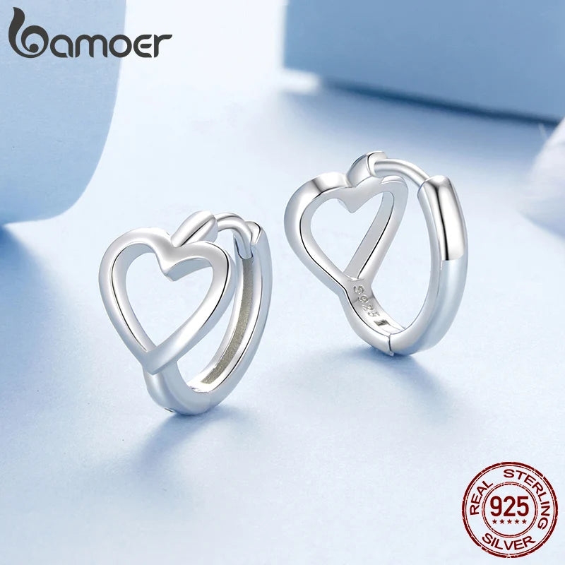 BAMOER 925 Sterling Silver Heart Hoop Earrings, White Gold Plated Minimalist Hoop Earrings Sweet Love Heart Jewelry for Women