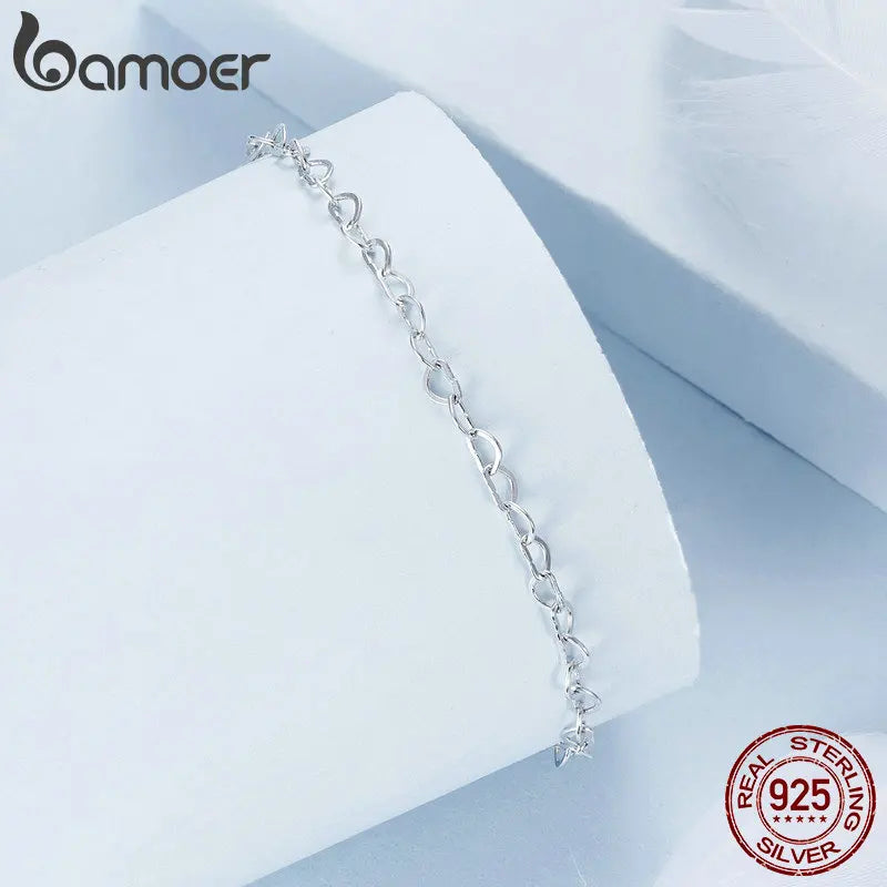 Bamoer 925 Sterling Silver Heart Chain Anklet Simple Chain Foot Jewelry for Women White Gold Plated Summer Jewelry BST007