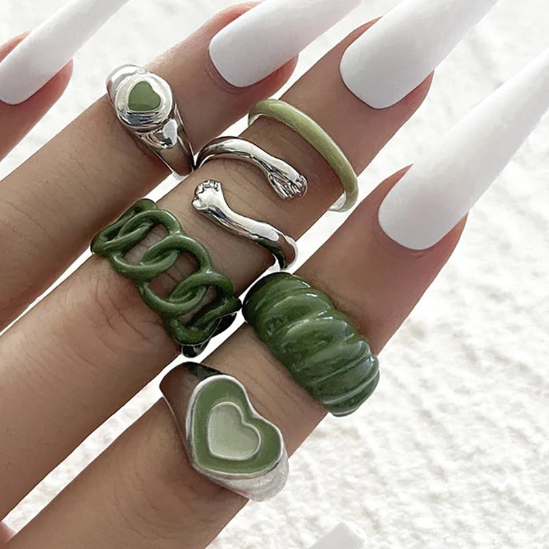 New Green Crystal Heart Kunckle Rings Set For Women Enamel Yin Yang Geometric Finger Ring Girls Fashion Jewelry