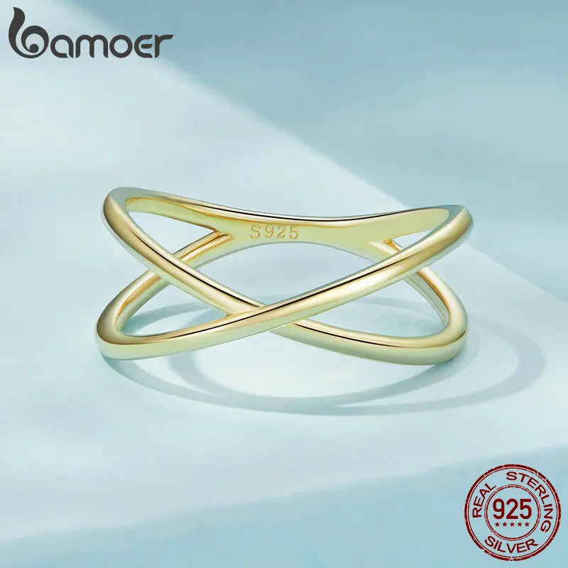 BAMOER 14K Gold Plated X Ring Dainty Minimalist 925 Sterling Silver Cross Ring for Women Promise Jewelry 2 Colors SCR543